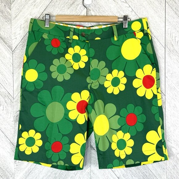 Loudmouth Golf Shorts Mens Size 36 Augusta Green Floral Flat Front 10.5" Inseam - Picture 1 of 4